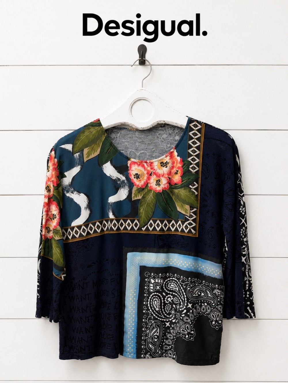 DESIGUAL Navy Patchwork Floral Print Top Size Small